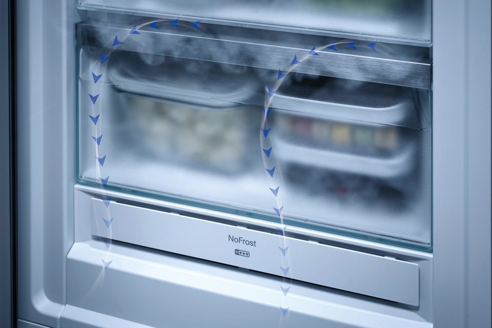 Inside of a Miele freezer with illustrated arrows on top to imitate airflow.
